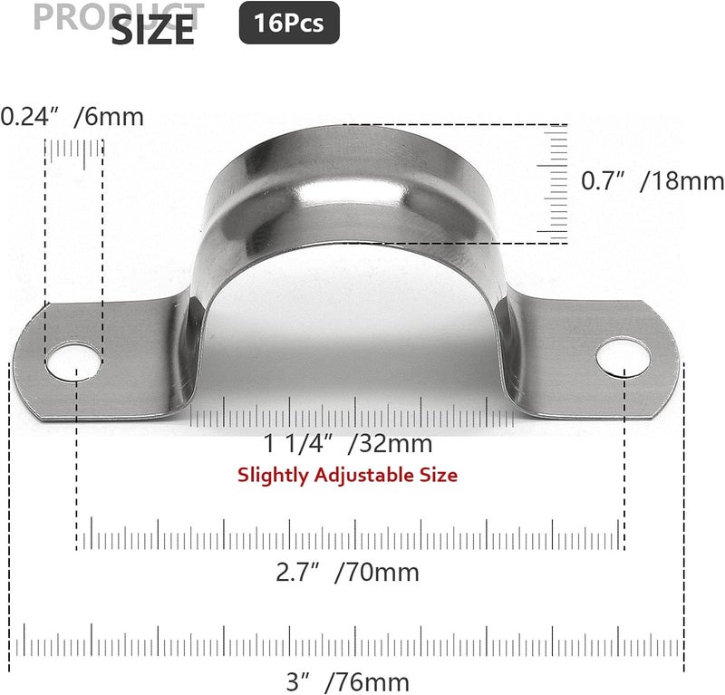 Jersvimc 16Pcs 1 1/4 Inch Stainless Steel Conduit Clamps, Two Hole Strap U Bracket Rigid Pipe Strap Metal U Clamp Conduit Strap Tension Clips U-tube Clamp Heavy Duty - Image 4
